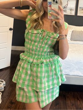 Revolve Saylor Green & White Gingham Smocked Romper, Kasia Romper